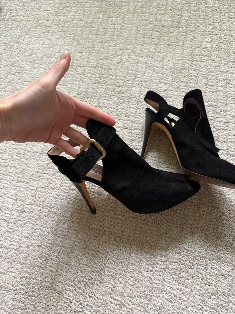Manolo Blahnik Black Suede Peep-Toe Slingback Heels - Picture 3 of 6
